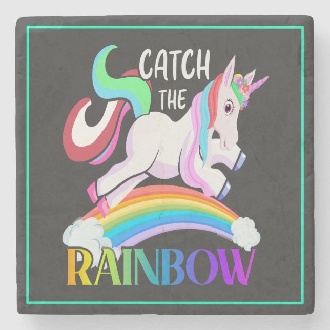 Catch the Rainbow Unicorn Design Stone Coaster (Front)