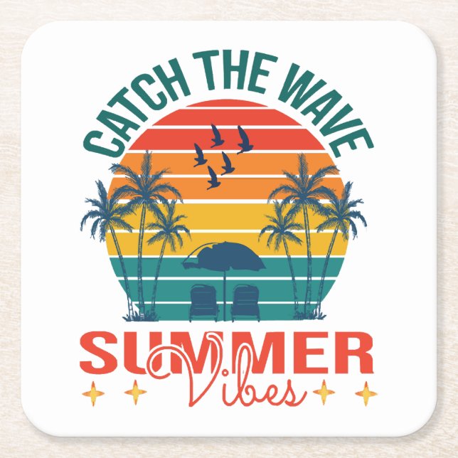 Catch the Wave Summer Vibes Square Paper Coaster (Front)
