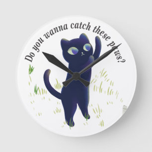 Catch These Paws – Playful Midnight Kitty Round Clock