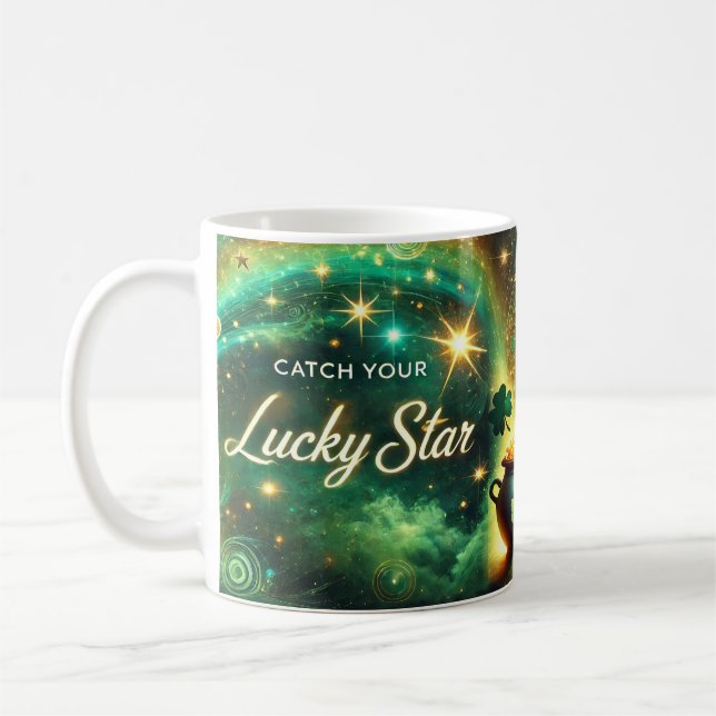 Catch Your Lucky Star Celestial Green Gold Coffee Mug (Left)