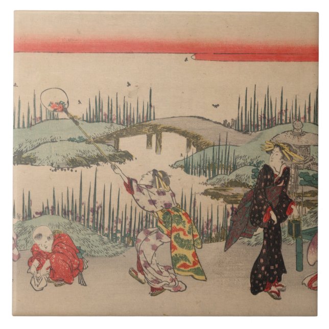 Catching Fireflies (colour woodcut) Tile (Front)
