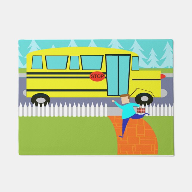 Catching School Bus Cartoon Door Mat (Front)