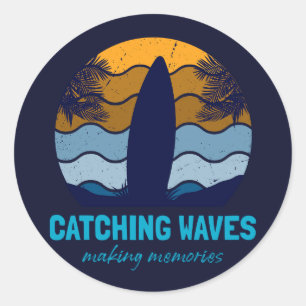 Catching Waves Retro Surfboard Beach Art Classic Round Sticker