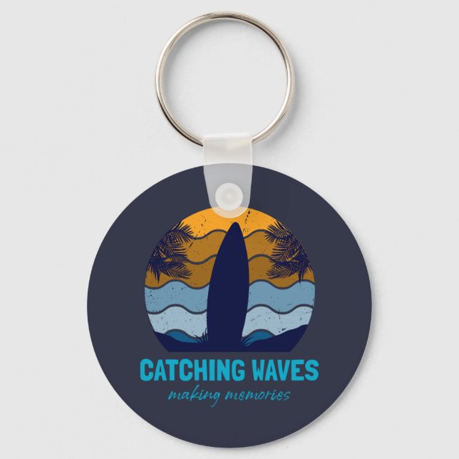 Catching Waves Retro Surfboard Beach Art Key Ring (Front)