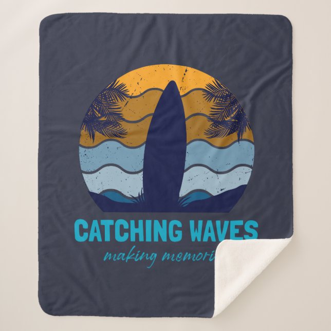 Catching Waves Retro Surfboard Beach Art Sherpa Blanket (Front)