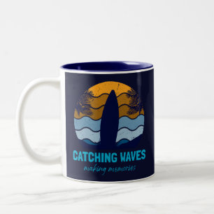 Catching Waves Retro Surfboard Beach Art Two-Tone Coffee Mug