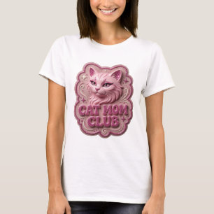 Catchy Pink CAT MOM CLUB Artistic Motif T-Shirt