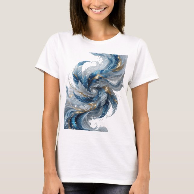 Catchy Silver BLUE FEATHERS Modern Design T-Shirt (Front)