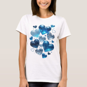 Catchy Silver BLUE HEARTS 3D Text Art T-Shirt