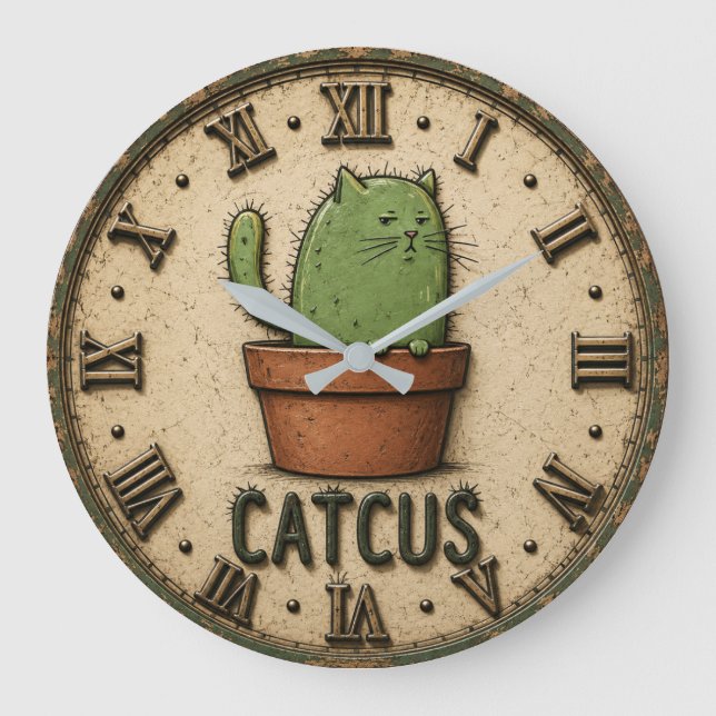 Catcus Funny Cactus Cat Large Clock (Front)
