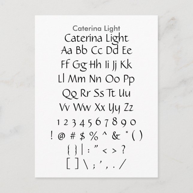 Caterina Light - Zazzle Font Sampler Sheet Postcard (Front)