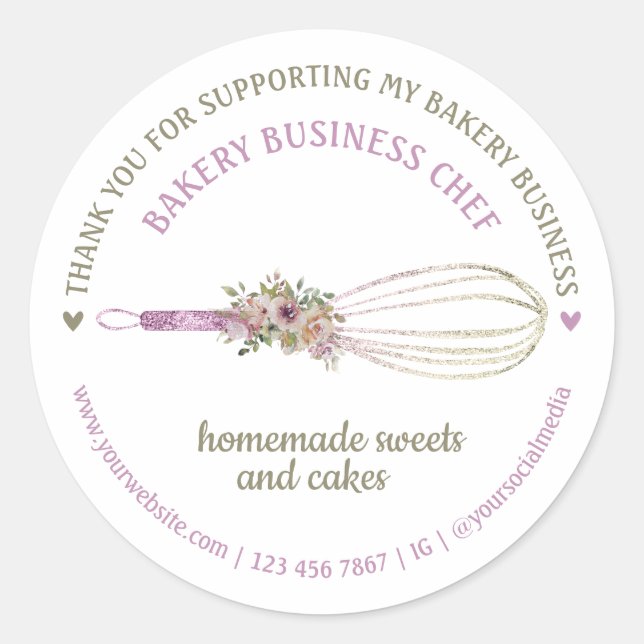 Catering Bakery Chef Glitter Whisk Flower Thanks Classic Round Sticker (Front)