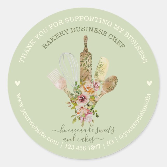 Catering Bakery Chef Rustic grayish green Classic Round Sticker (Front)