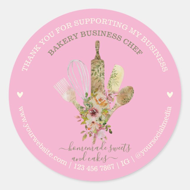 Catering Bakery Chef Rustic pink cute Classic Round Sticker (Front)