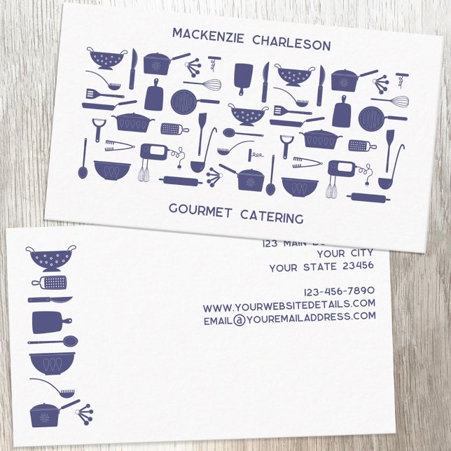 Catering Business Card (Blue and white retro kitchen utensil catering, bakery, cafe, restaurant, cook ro chef business card)