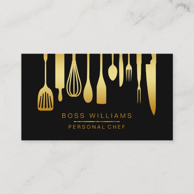 Catering Personal Chef Gold Kitchen Utensils Business Card (Front)