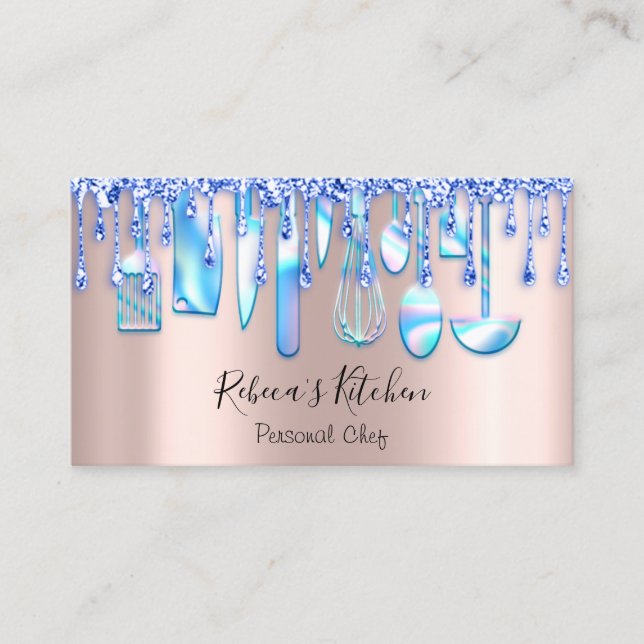 Catering Personal Chef Kitchen Rose Blue  Drip  Business Card (Front)