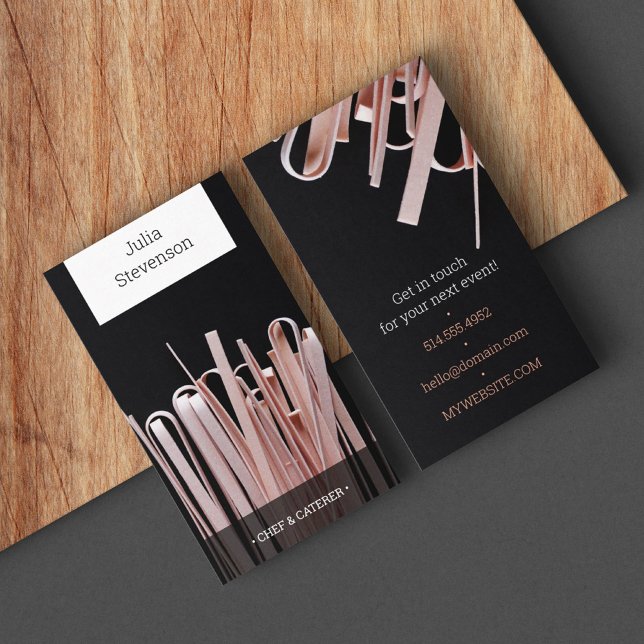 Catering, Personal Chef, Pasta Restaurant, modern Business Card (Chef caterer black business card withbackground photo of light pink dried noodles.)