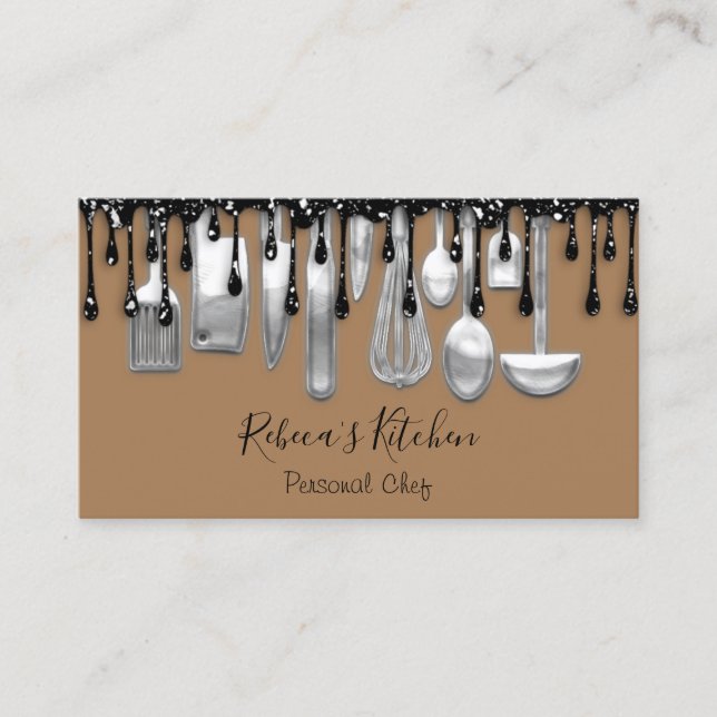 Catering Personal Chef Restaurant Drip Black Brown Business Card (Front)