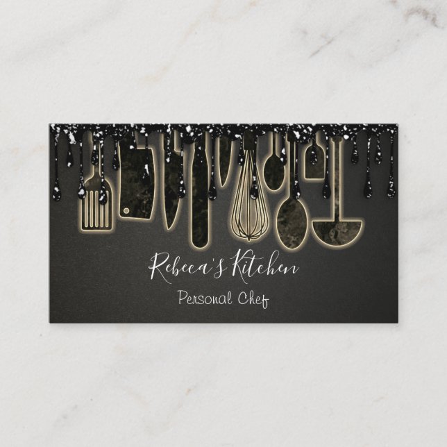 Catering Personal Chef Restaurant Drip Black Gold  Business Card (Front)