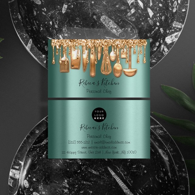 Catering Personal Chef Restaurant Drip Rose Green Business Card (Creator Uploaded)