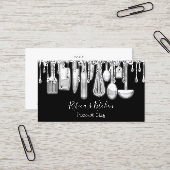 Catering Personal Chef Restaurant Drips Black Business Card (Front/Back In Situ)