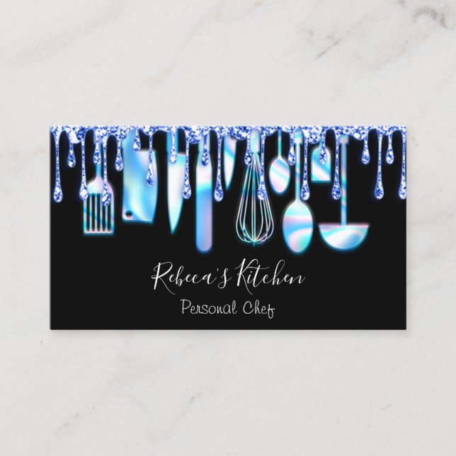 Catering Personal Chef Restaurant Drips Blue Business Card (Front)