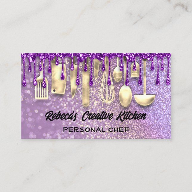 Catering Personal Chef Restaurant QR Code Purple Business Card (Front)