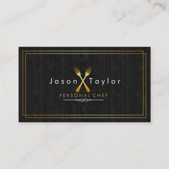 Catering Retro Black Wood Chef Gold Fork Crossed Business Card (Front)