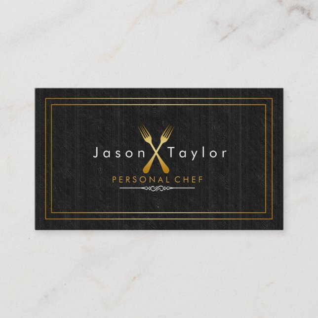 Catering Retro Black Wood Chef Gold Fork Crossed Business Card (Front)