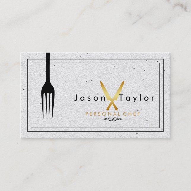 Catering Retro Stone White Chef Gold Knife Crossed Business Card (Front)