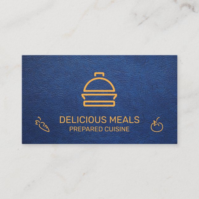 Catering Service | Blue Leather Background Business Card (Front)