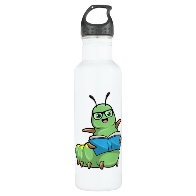 Caterpillar as Nerd with Book & Glasses 710 Ml Water Bottle (Front)