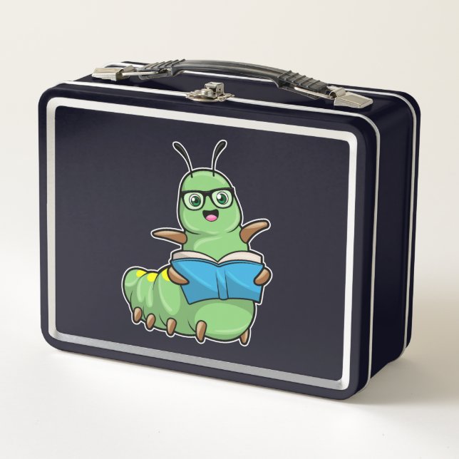 Caterpillar as Nerd with Book & Glasses Metal Lunch Box (Front)