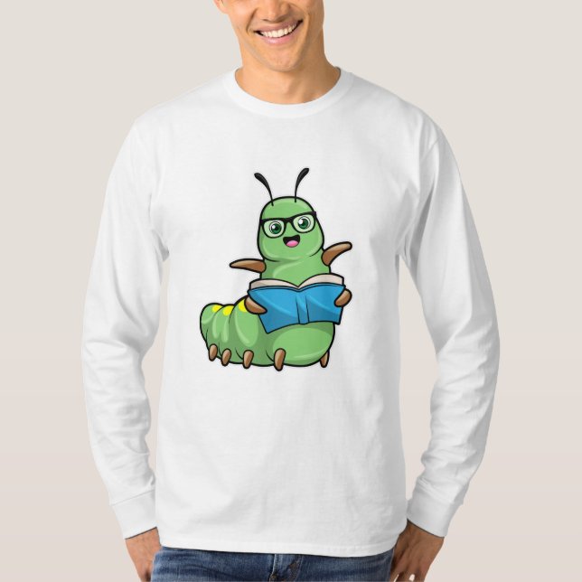 Caterpillar as Nerd with Book & Glasses T-Shirt (Front)