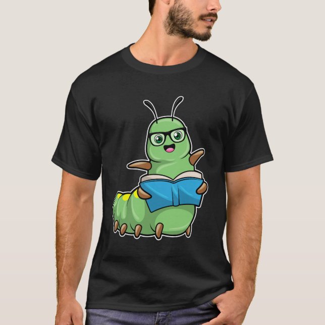Caterpillar as Nerd with Book & Glasses T-Shirt (Front)