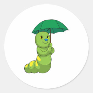 Caterpillar at Raining with Umbrella Classic Round Sticker