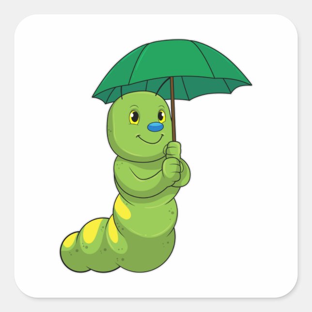Caterpillar at Raining with Umbrella Square Sticker (Front)