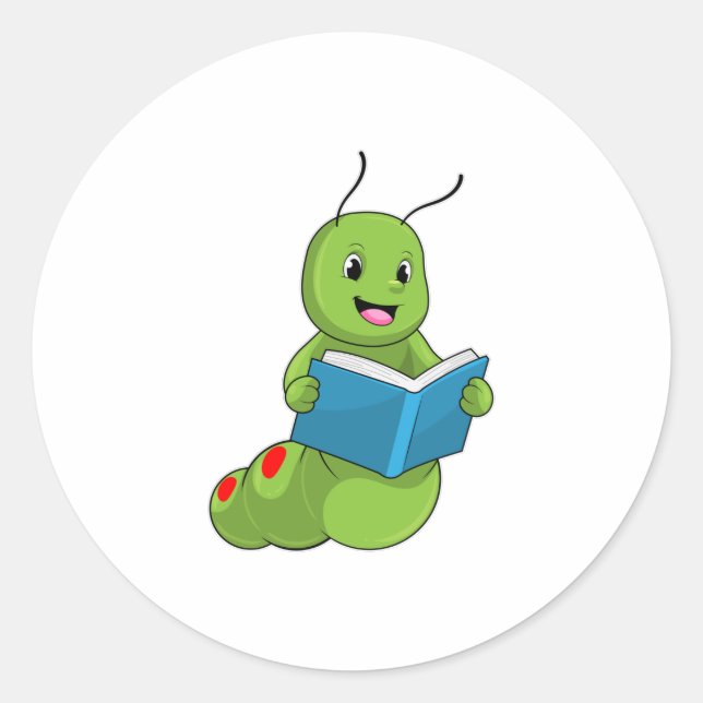 Caterpillar at Reading with Book Classic Round Sticker (Front)