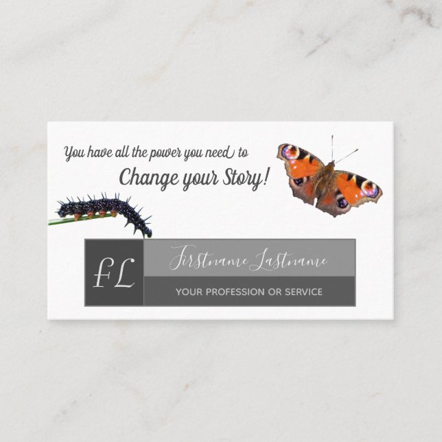 Caterpillar butterfly change motivational monogram business card (Front)