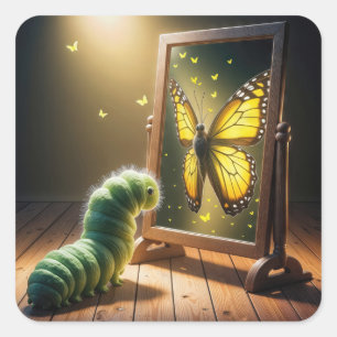 Caterpillar Looking At a Butterfly In a Mirror Square Sticker