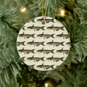 Catfish Fishing, Vintage Marine Life River Fish Ceramic Tree Decoration