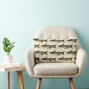 Catfish Fishing, Vintage Marine Life River Fish Lumbar Cushion