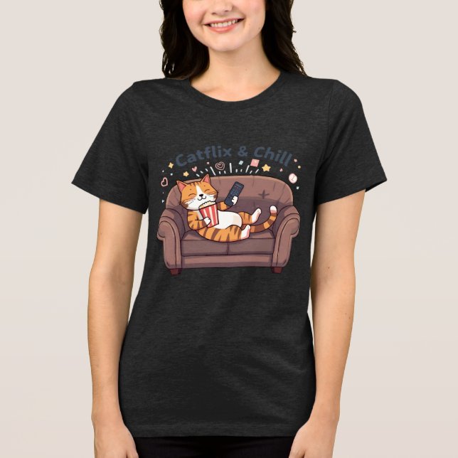 Catflix and Chill Funny Cat Art Tri-Blend Shirt (Front)