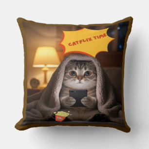 Catflix Time Cute Cat Throw Pillow for Kids Fun
