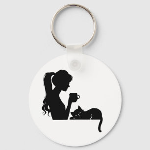 Catful Coffee Girl & Cat Silhouette Keychain