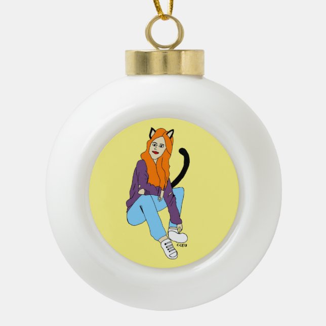 catgirl   ceramic ball christmas ornament (Front)