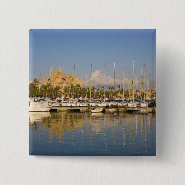 Cathedral and marina, Palma, Mallorca, Spain 15 Cm Square Badge (Front)