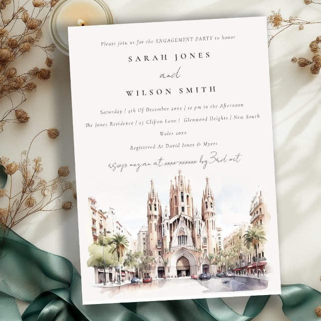 Cathedral of Barcelona Spain Watercolor Engagement Invitation (Creator Uploaded)