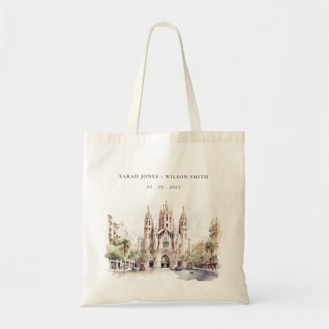 Cathedral of Barcelona Spain Watercolor Wedding Tote Bag (Front)